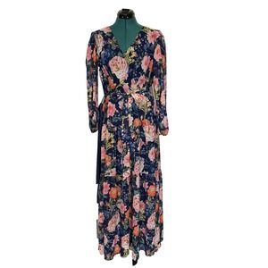 NWT Eliza J Chiffon  Floral-Print Faux-Wrap Tiered Maxi Dress Size 16 Two Belts